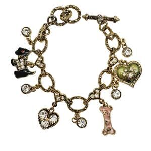 Scottie Dog Charm Bracelet Bone Heart Paw Terrier Gold Tone Chain Enamel Scotty